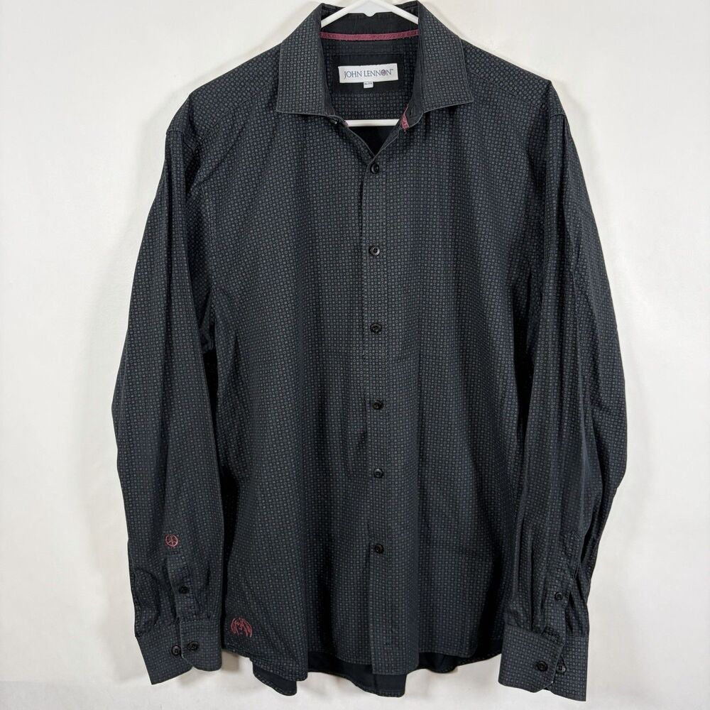 John Lennon Button Up Shirt Mens Size XL Black Gray Geometric Long Sleeve Logo